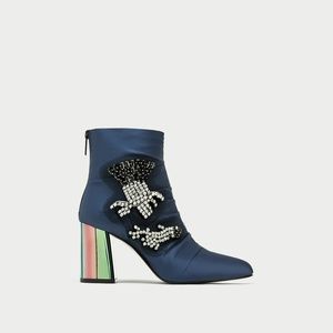 NWT Zara Size 6.5 Bejewelled Satin Ankle Boots